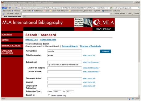 Screenshot of an MLA search page