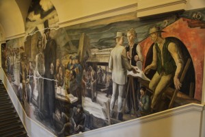 Henry Varnum Poor's land-grant frescoes depicting Penn State's founding and early development through murals in Old Main