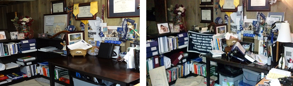 On the left, what my desk is supposed to look like. On the right, what my desk looks like right now with notebooks, supplies, and books scattered everywhere. Photographer: Debra Mynar