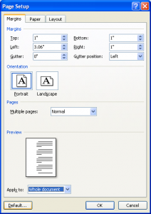 MS Word 2010 - Page Setup Dialogue Screenshot