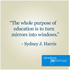 quote by Sydney J. Harris: "The whole purpose of education is to turn mirrors into windows."