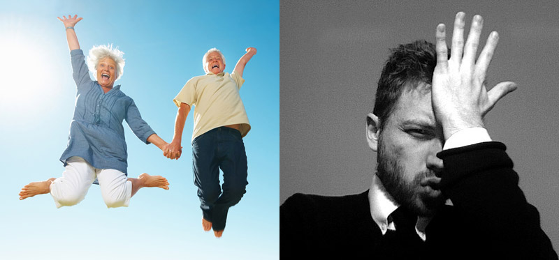 left: person in field jumping for joy. right: man hitting forehead with hand in frustration