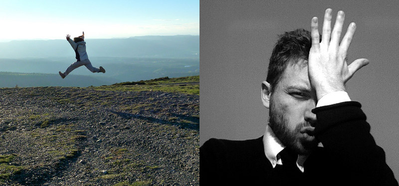 left: person in field jumping for joy. right: man hitting forehead with hand in frustration