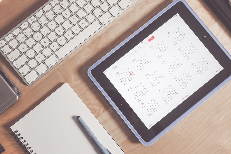 Keyboard, notebook, and calendar