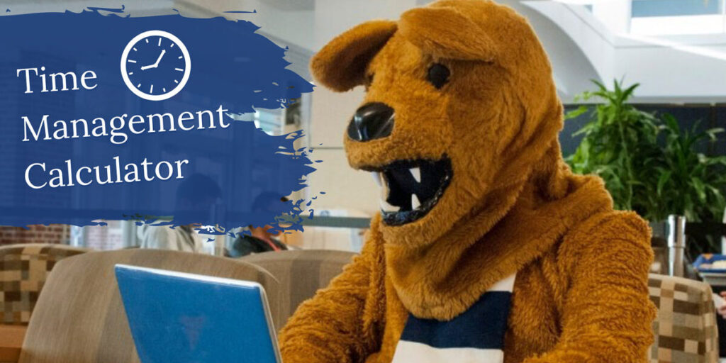 Nittany Lion mascot using the time management calculator on a laptop