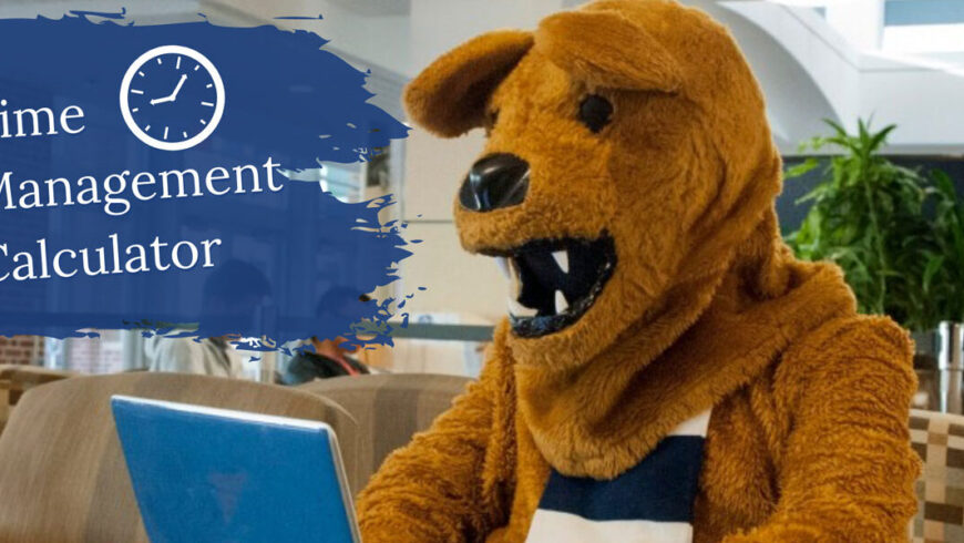 Nittany Lion mascot using the time management calculator on a laptop