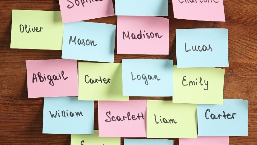 Group of sticky notes, each of which has a common name written on it.