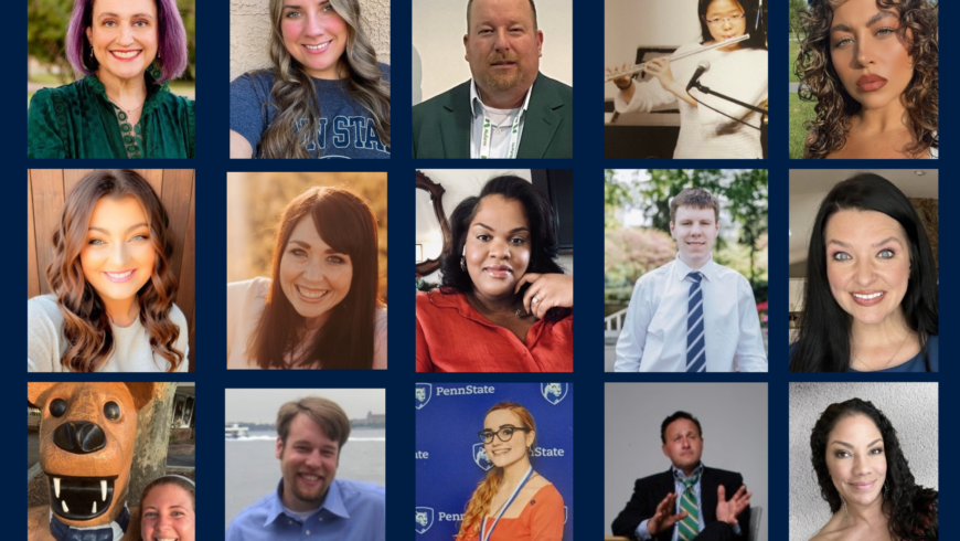Collage of photos of 15 smiling people with a blue background