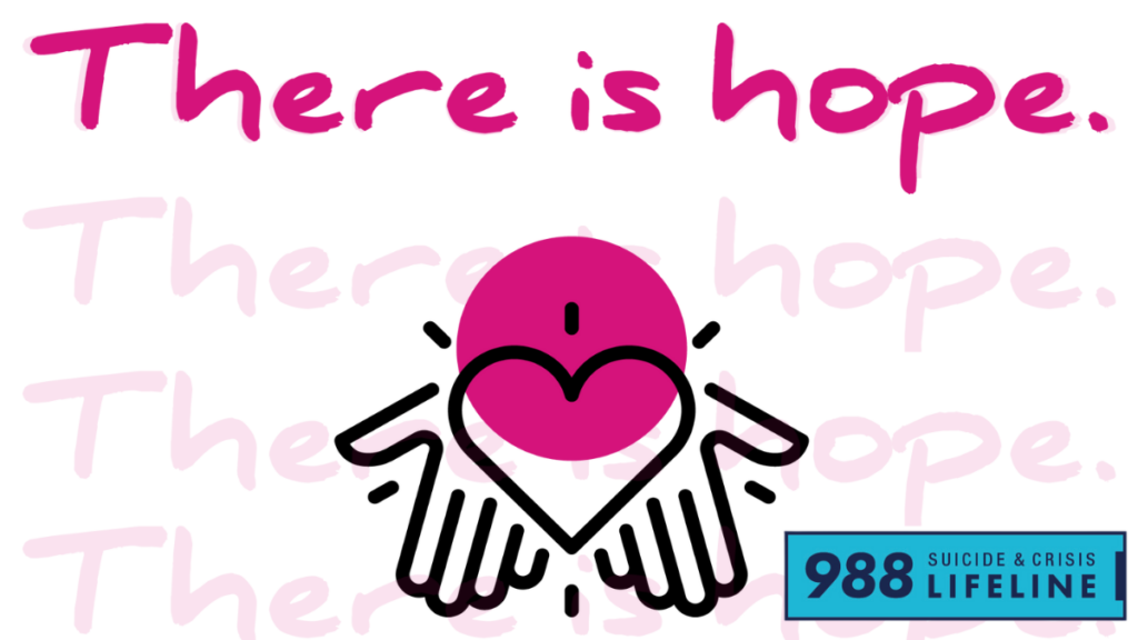 Drawing of hands surrounding a heart, in front of lines repeating "There is hope" and the 988 logo.